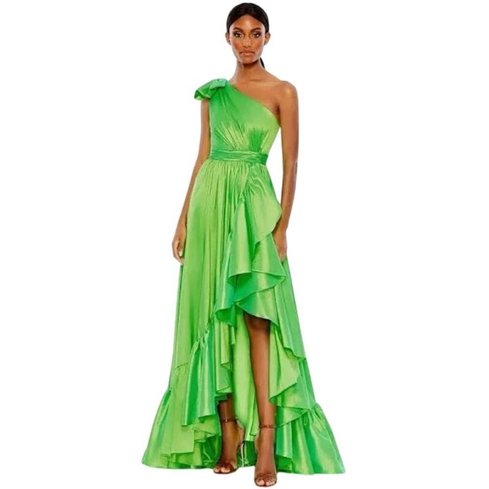 Mac Duggal 68027 NWT One Shoulder Bow Asymmetrical Hem Gown in Spring Green - Picture 3 of 6